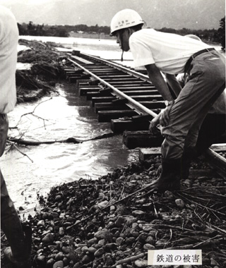 ８月２９日　長井線神明町地内　鉄道の被害　人物は町建設課海老名二郎氏