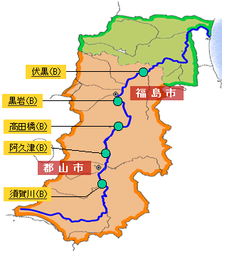 阿武隈上流地の水質調査地点地図