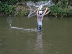 水生生物観察コースには、１６家族　３４名のみなさんが参加しました。<br />当日は川の水位が高く心配しましたが子供たちは腰まで水に入り<br />魚や水生昆虫を探していました。<br />生き物を見つけるたびに、インストラクターに説明を受け<br />子供だけでなく、お父さん、お母さんも楽しんでいました。