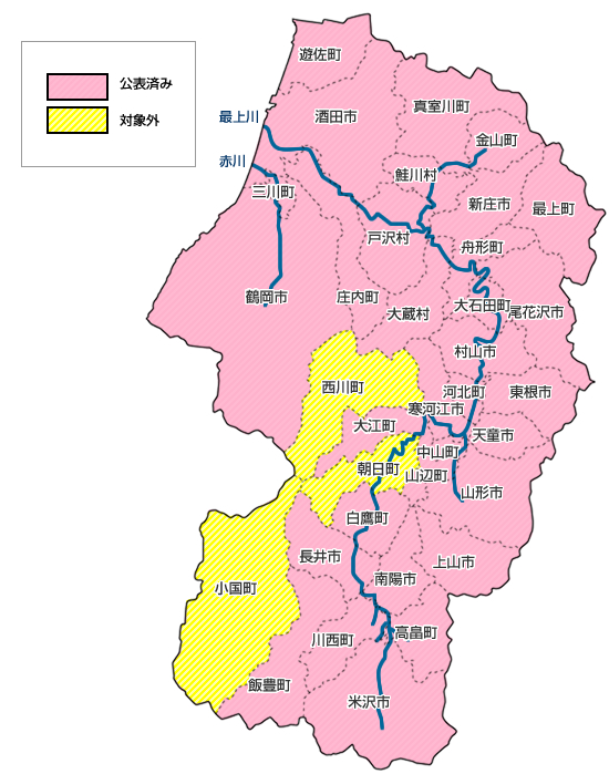 ハザードマップ　公表済み：鶴岡市、酒田市、三川町、庄内町、遊佐町、新庄市、金山町、最上町、舟形町、真室川町、大蔵村、鮭川村、戸沢村、山形市、寒河江市、上山市、村山市、天童市、東根市、尾花沢市、山辺町、中山町、河北町、大江町、大石田町、米沢市、長井市、南陽市、高畠町、川西町、白鷹町、飯豊町　　対象外：西川町、朝日町、小国町