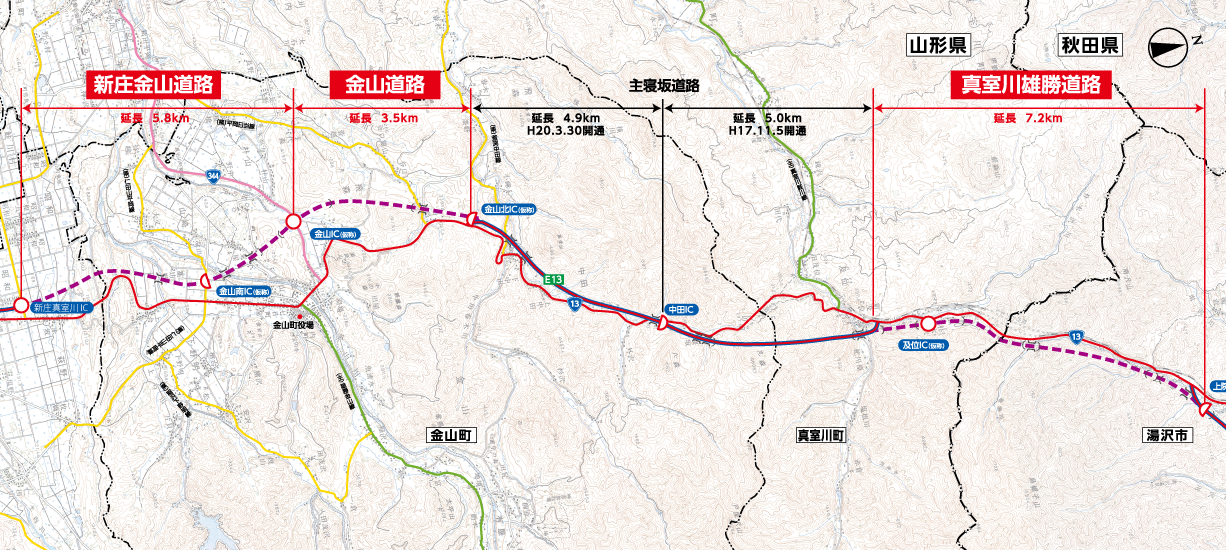 新庄金山道路　金山道路　真室川雄勝道路のマップ