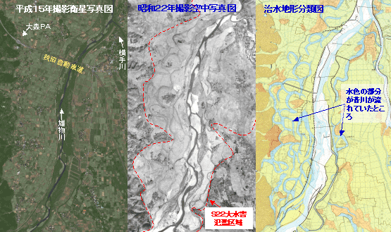 平成15年撮影衛星写真・昭和22年撮影空中写真・治水地形分類図