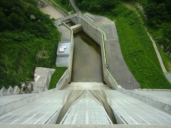 平成26年6月20日のダム周辺の状況 (天端から下流面を望む)