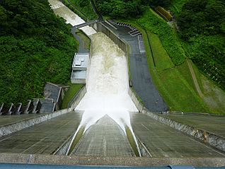 天端中央展望台から見下ろしたダム下流面