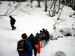 雪の中を注意深く進みます。