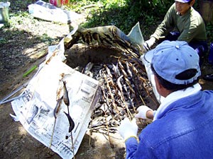 白川で獲れた「ハヨ」を焼いています。