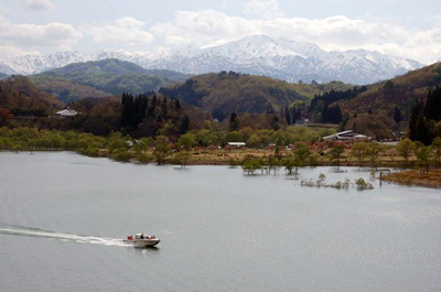 【満水の白川湖、残雪の飯豊山、水中に浮かぶ新緑のヤナギ】