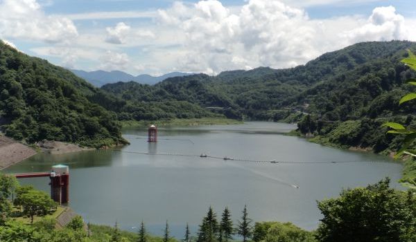 平成26年7月8日の湖面の様子 (栗梨沢から湖面を望む)