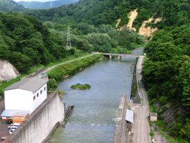 天端から見たダム下流の状況