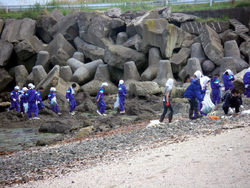 六ヶ所村 物見崎海岸における泊中学校との清掃活動